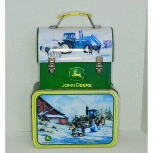 Pair Of John Deere Collector Tins Box Lunch Pail Winter Scenes Farmhouse Decor